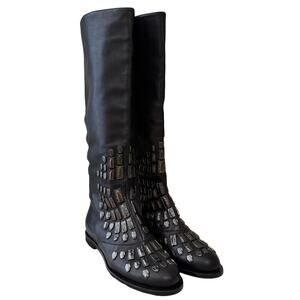 Samuele Failli Women’s 37 Studded Tall Boots Black Made in Italy Moto Goth EUC